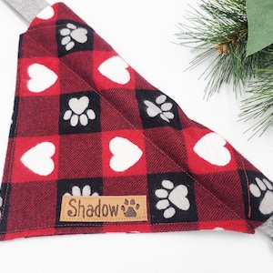 Personalized Heart and Paw Print Red Buffalo Plaid Dog/Cat Bandana // Over the Collar Bandana // Dog Scarf // Custom bandana // Flannel