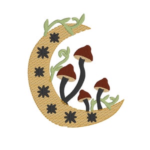 May include: Embroidered design of a crescent moon with a gold and brown pattern, surrounded by green vines and brown mushrooms.