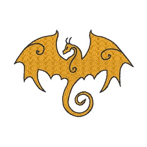 May include: Gold embroidered dragon patch with a black outline. The dragon has outstretched wings and a curled tail. The design is on a white background. Suitable for clothing, bags, or other fabric items.