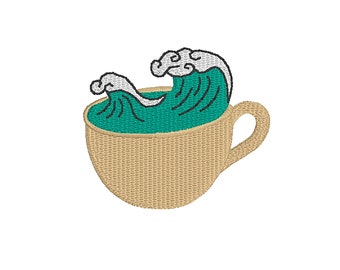 Ocean in a Cup, Surreal Embroidery Design, Digital Download Embroidery Files, Size 2.1 in x 1.8 in Embroidered Design