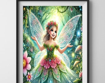Impression d'art fée des fleurs : décoration de chambre d'enfants fantaisiste (téléchargement numérique)