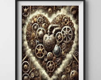 Lámina artística Steampunk con forma de corazón y engranajes: Decoración industrial con temática amorosa (Descarga digital)