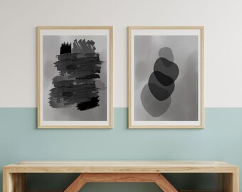 Stampe artistiche Wabi Sabi Japandi: set astratto in nero e grigio (download digitale)