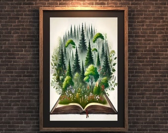 May include: A watercolor painting of a forest scene with a book open in the middle. The book is surrounded by trees, flowers, and foliage. The painting is framed in a dark wood frame.
