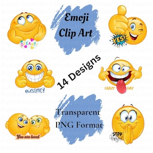Clipart de emoji para impressão sob demanda - 14 designs PNG para scrapbook, clip art alegre, diário de lixo, cartões comemorativos e decoração de sala de aula, presentes peculiares