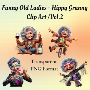 Clipart engraçado de velhinhas, vol. 2, impressão sob demanda, presente de Dia das Mães para mamãe, arte para idosos, álbuns de recortes, presentes peculiares, velhinha hippie