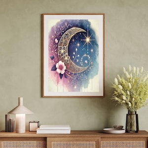 Cosmic Art, Starry Night, Boho Chick Decor Walls, Digital Artwork, William Morris Inspired Half Moon Painting, Celestial Cottagecore Decor