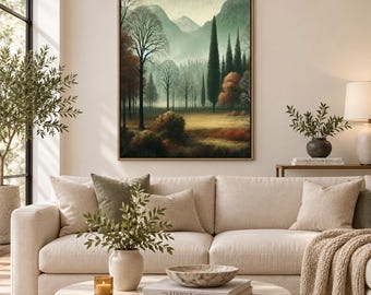 Paisaje verde melancólico para imprimir en la pared / Lámina vintage de bosque de montaña