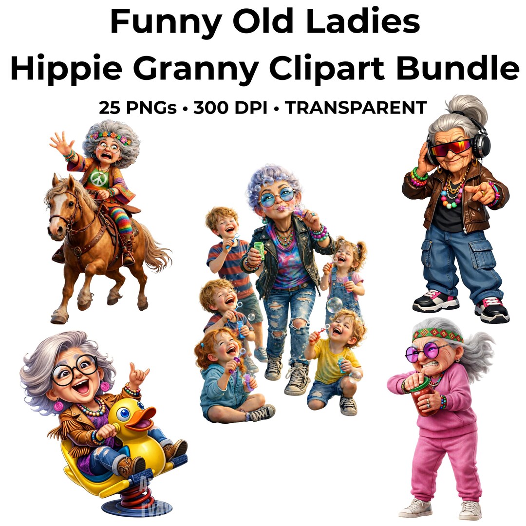Funny Grandma Clipart Bundle: Sassy Old Ladies PNG Graphics (commercial ...
