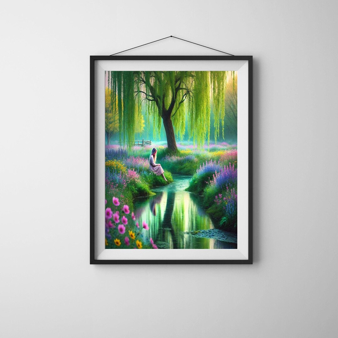 Dreamy Willow Tree Meadow Art Printable, Tranquil Nature Art Print ...