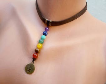7 Chakra Yoga necklace, Multicolor choker with Tree of life pendant