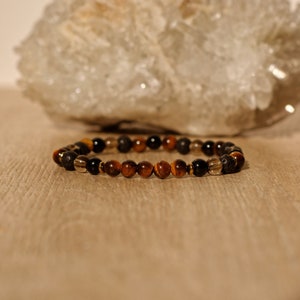 Pulseira de proteção com olho de tigre, ônix preta, pedra de lava e quartzo fumê, pulseira minimalista unissex com cristal de proteção e boa sorte