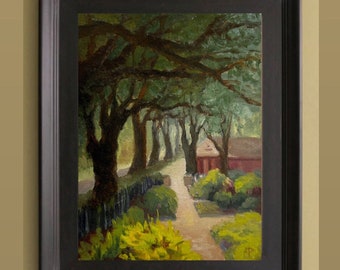 Original oil painting on canvas Park small original landscape art path street Impressionism landscape 6x8 plein air texas oak trees nature