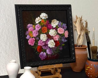 Carnation Bouquet Oil Painting: Floral Still Life Impressionist Art, 12x12" Canvas Panel
