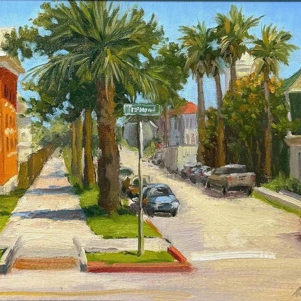 Original Oil Painting: Street View Cityscape Palm Trees Galveston Island 9x12 Canvas Wall Art