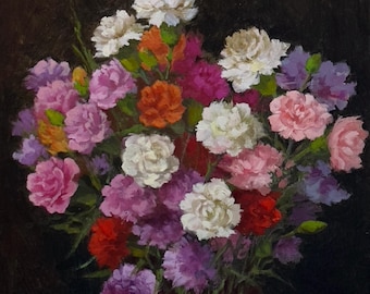 Carnation Bouquet Oil Painting: Floral Still Life Impressionist Art, 12x12" Canvas Panel