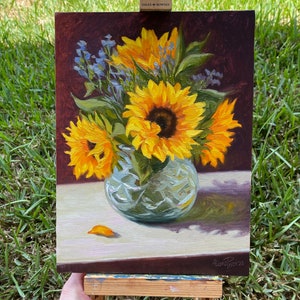 Sunflowers in Vase Original Oil Painting on Canvas Floral Still Life Flowers painting Sunflowers bouquet Impressionist Art Small original