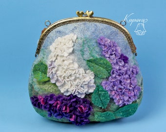 Lilac spring clutch bag, Kiss lock floral purse, Evening flower felted bag, Blue purple pouch handbag, Crossbody small purse, Mother gift