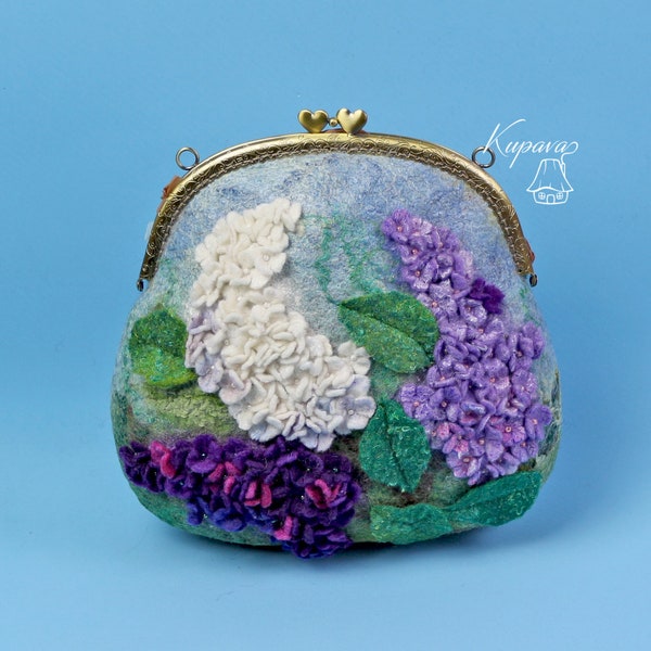 Sac d'embrayage de ressort de lilas, sac floral de serrure de baiser, sac feutré de fleur de soirée, sac à main pourpre bleu de poche, petit sac à main de Crossbody, cadeau de mère