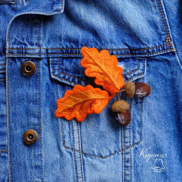 Joyería de fieltro de árbol de roble, broche de bellota marrón con hojas de naranja, pasador de lana, mamá pequeño regalo, solapa de la hoja de otoño, chaqueta accesorio bosque otoño
