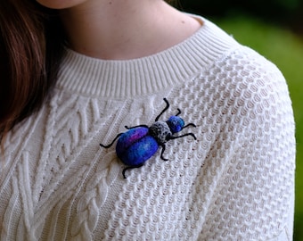 Blue felted wool beetle brooch felt pin, nature lover gift, animal jewelry insect brooch