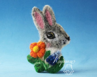 Rabbit bunny brooch pin Needle felted miniature Rabbit animal jewelry Bunny badge Natural wool accessories Spring Easter small kids gift