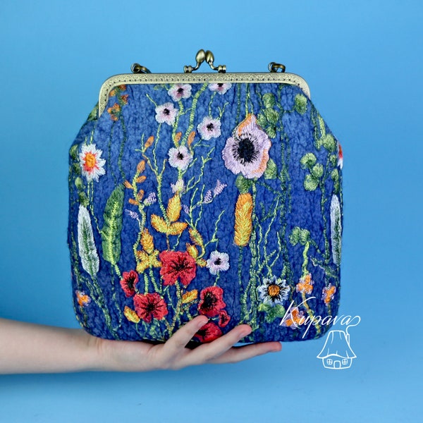 Blue merino wool felt bag with felting patterns and copper clasp, felt ornaments, kiss clasp purse, shoulder bag, felted bag, evening bag