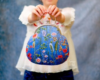 Blue felted evening hand bag, small ladies statement clutch, wool felt woman handbag, floral embroidered clasp purse, flower kiss lock pouch