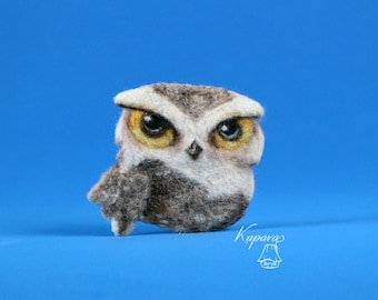 Felt owl brooch, needle felted bird jewelry, figural woodland pin, jacket shawl accessories, teacher gift, grey wool art lapel, animal pin