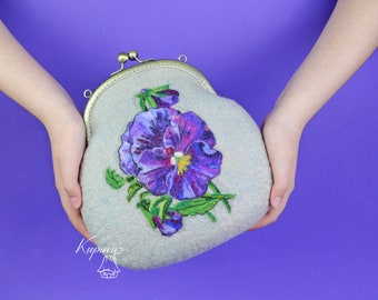 White floral purse, Pansy accessory, Felt wool bag, Purple flower bridal clutch, Bohemian evening purse, Cosmetic floral handbag, Mom gift