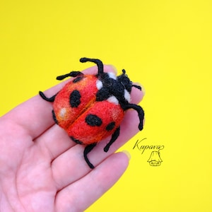 Fun ladybug brooch, insect felted pin, ladybird accessory, red bug wool jewelry, textile handmade gift, textile art pin