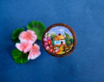 Art wool house brooch, round wool brooch, needle felted pin, felted natural jewelry, boho fiber brooch