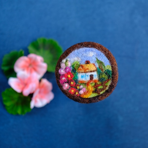 Art wool house brooch, round wool brooch, needle felted pin, felted natural jewelry, boho fiber brooch