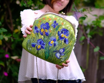 Irises Van Gogh crossbody bag, green floral purse, kiss lock clasp clutch, handmade felted wool bag
