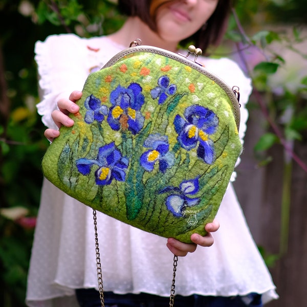 Irises Van Gogh crossbody bag, green floral purse, kiss lock clasp clutch, handmade felted wool bag