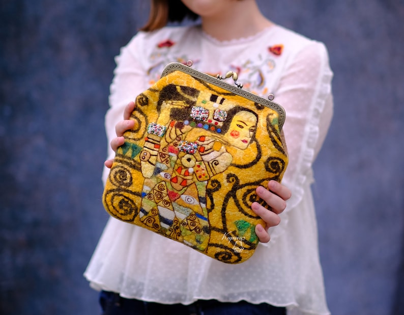 Klimt Inspired Felted Wool Bag, Handmade Kiss Lock Purse, Wearable Art Handbag
