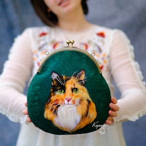 Custom cat portrait bag, small evening felted wool clutch, personalized statement woman clasp purse, pet lover gift, felt picture handbag