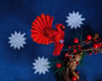 Broche de lana de pájaro cardinal rojo, pin cardinal, regalo amante de aves de Navidad