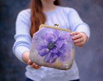 Felted wool clutch bag with large purple flower, Kiss lock purse, Floral women handbag, Clasp evening clutch, Shoulder crossbody pouch bag