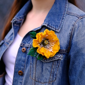Yellow poppy brooch, flower jewelry wool pin, felt floral scarf coat pin