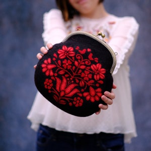 Floral wool clutch with tree of life, flower embroidery bag,  kiss lock evening purse, felt art handbag, retro style small bag,