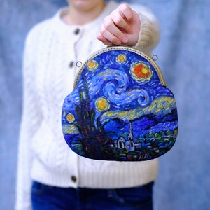 Van Gogh Starry Night bag, felt art purse, blue small crossbody purse, handmade handbag, retro style