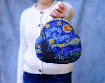 ゴッホの星月夜バッグ、フェルトアートの財布、青い小さなクロスボディ財布、手作りのハンドバッグ、レトロスタイル