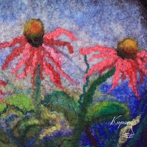May include: A close-up of a needle felted artwork depicting two pink flowers with yellow centres against a blue and green background. The artwork is signed "Kupara" in the bottom right corner.