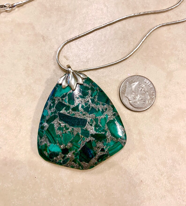 Malachite and Pyrite Triangular Pendant Necklace