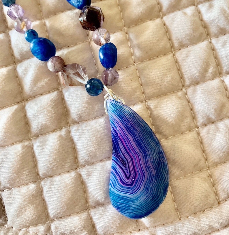 Blue and Purple Onyx Pendant Blue Kyanite and Purple Calcoxenite Beaded Necklace