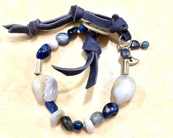 Adjustable Kyanite and Blue Crazy Lace Agate Beaded Sterling Bracelet