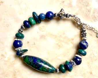 Azurite Adjustable Sterling Silver Beaded Bracelet