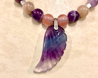 Fluorite Angel Wing Pendant Fire Agate Leather Cord Necklace