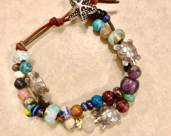 A Day at the Beach Adjustable Gemstone  Leather Bracelet